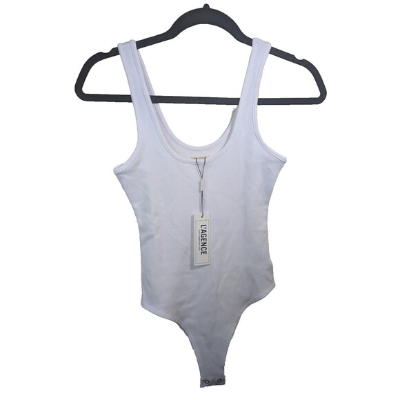 L'agence Nica Scoop Neck Bodysuit White Ribbed Stretch Snap Buttons Size Small - Picture 2 of 12